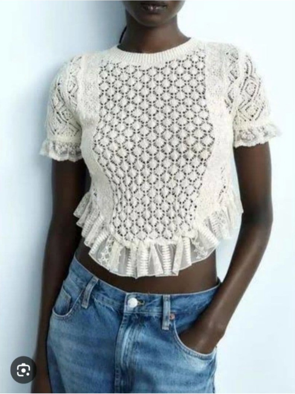 Zara Cream Lace-Knit Ruffle Hem Crop Top